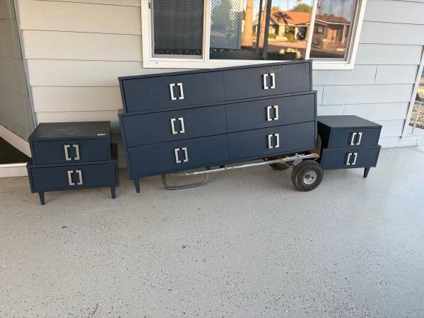 Modern Navy Blue Dresser + 2 Nightstands Set – Mid-Century Style