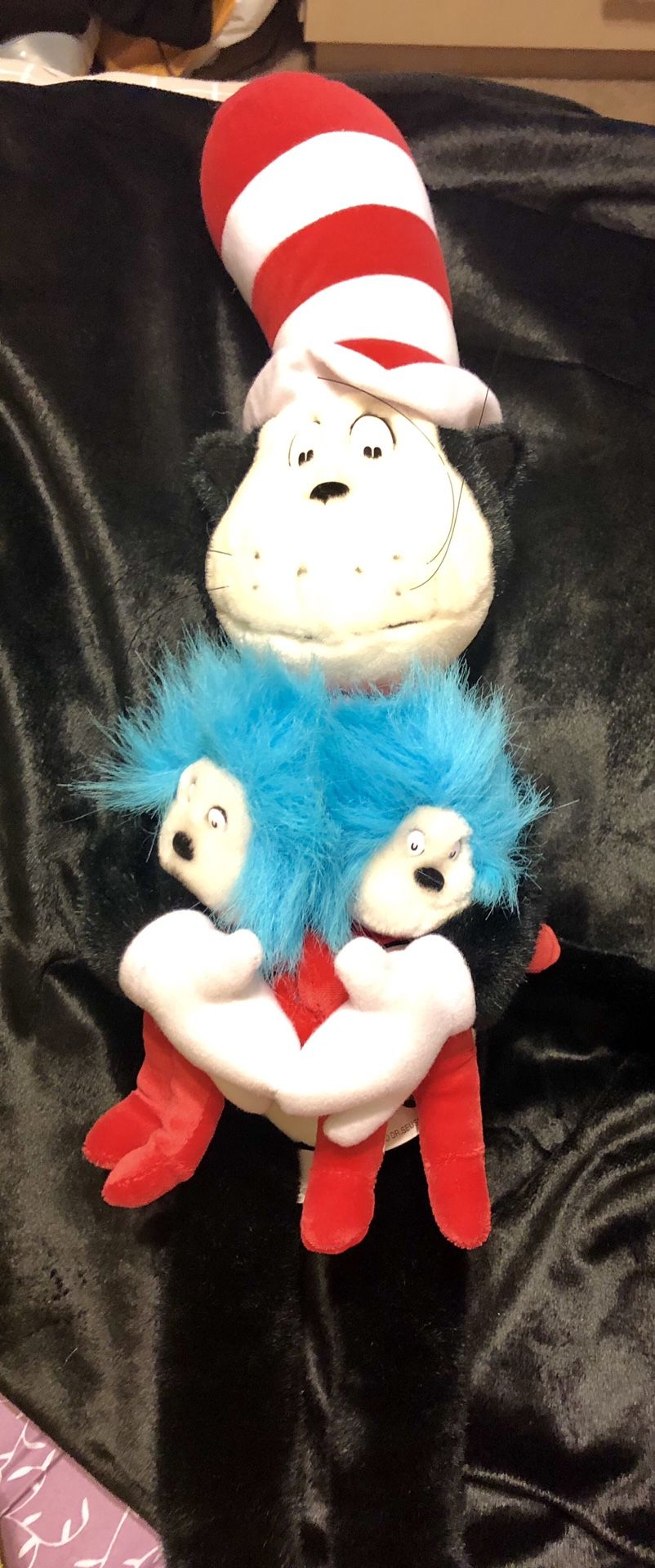 Universal Studios “Cat in the Hat” holding “Thing 1 & 2” Stuffed Plush Toy -24" Dr Seuss. In great condition.