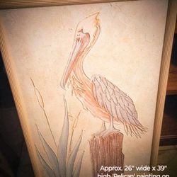 Dimensional Painting On Canvas with Frame - "Pelican"; Approx. 26" W x 39" H