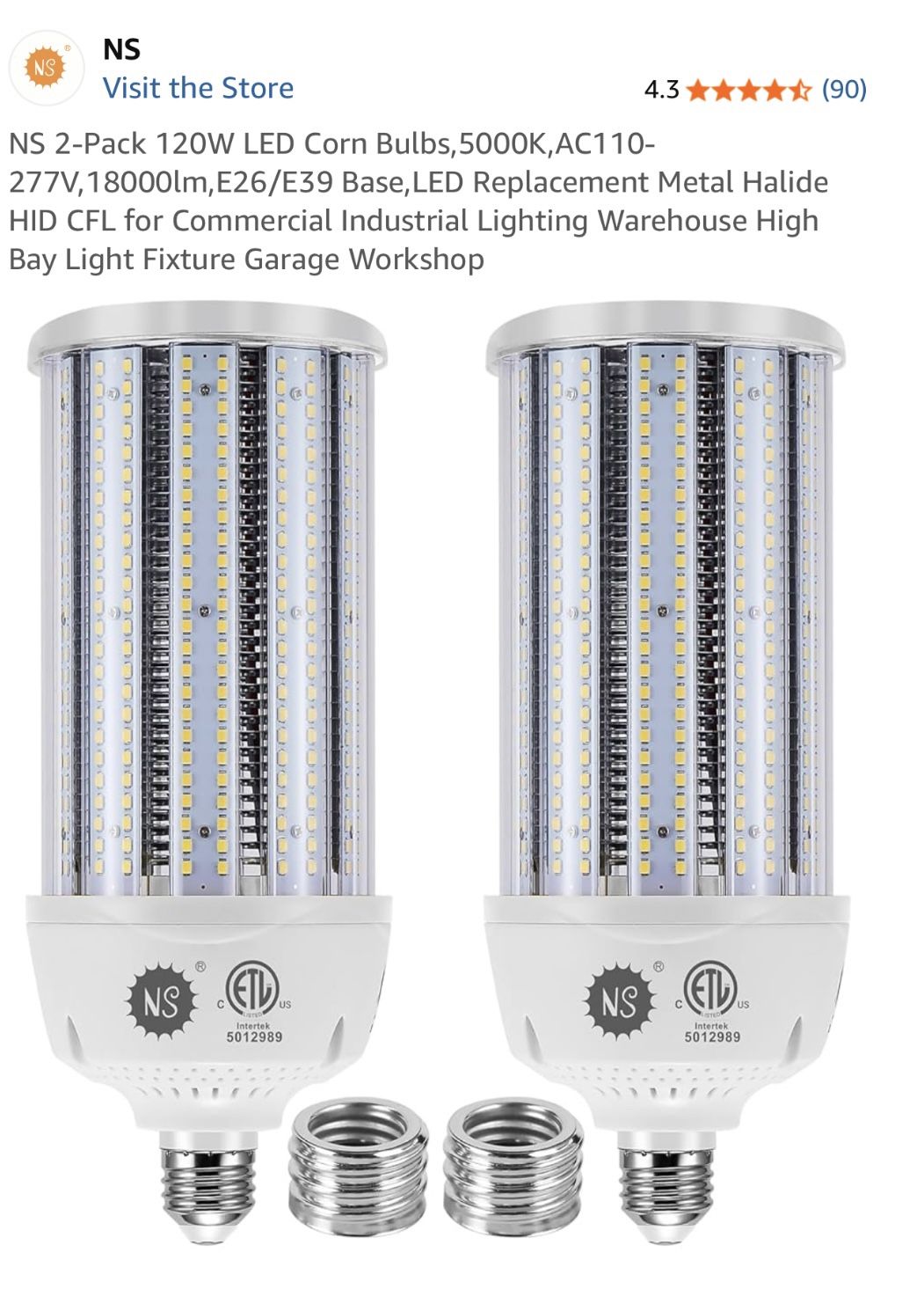 NS 2-Pack 120W LED Corn Bulbs,5000K,AC1 10-277V, 180001m,E26/39