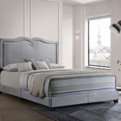 Brand New Rueben Gray Velvet Queen Bed