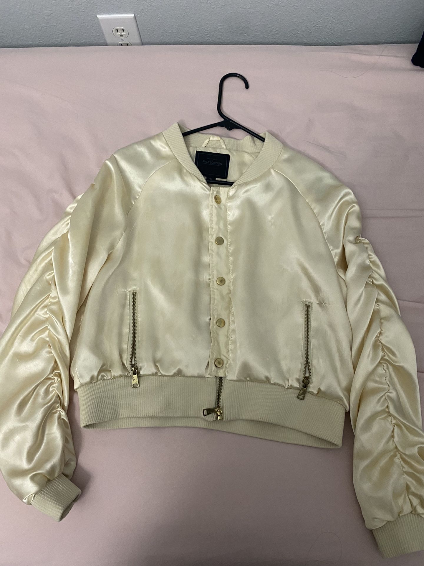 Gold Satin Cropped Jacket With Rouched Sleeve