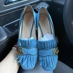 GUCCI Blue Suede Fringe GG MARMONT block Heels Pumps, Size 38