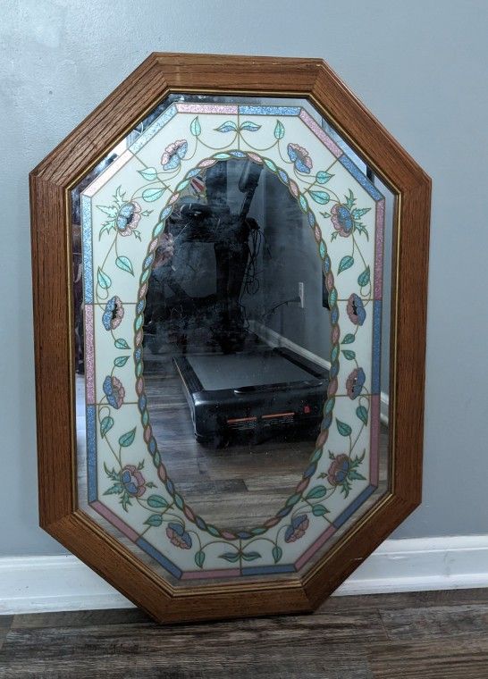 Vintage Octagon Etched Floral Mirror 1980s Style 21.5in X 31.5in Wood Frame