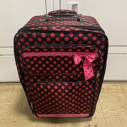 Black with Hot Neon Pink Polka Dot Luggage Checked Rolling Luggage with 2 Wheels  Great pre-owned condition.   Measurements:  25” Tall x 16” Wide x 12