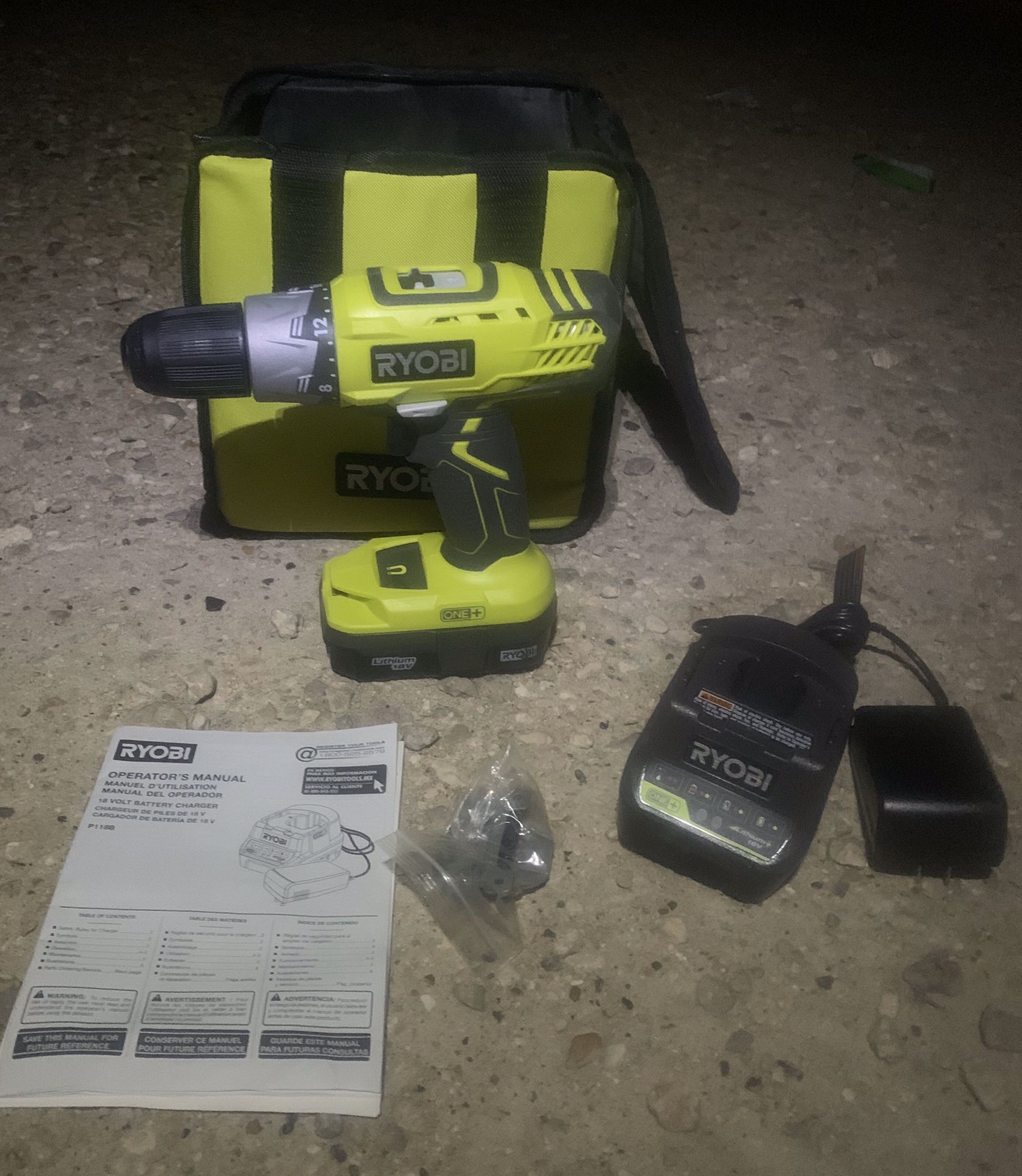Ryobi ONE - 18 Volt Lithium-Ion + Cordless + Brushless Hammer Drill / Driver Kit. (Drill, battery, charger, and bag)
