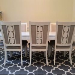 Gorgeous, sturdy, clean, modern Brighton white WOOD dining table set: rectangular table, 8 upholstered chairs & rug