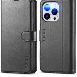 TUCCH Case Wallet for iPhone 14 Pro 5G Compatible with iPhone 14 Pro Black RFID Blocking, 4 Card Holder, Stand, Shockproof TPU Interior Case, PU Leath