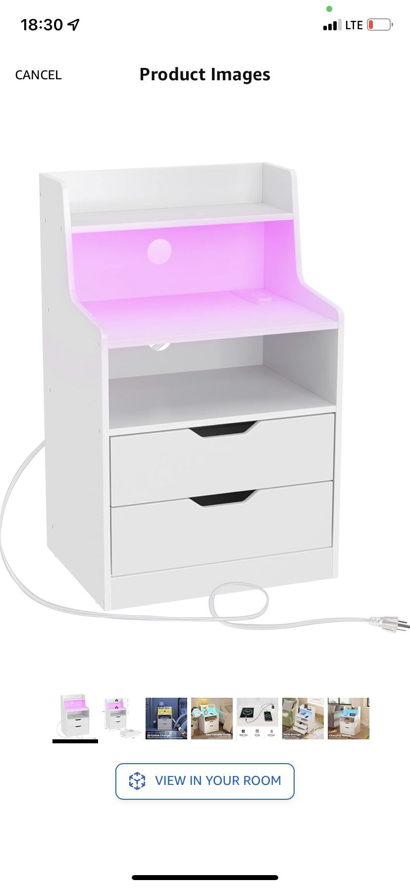 Nightstand with Charging Station and LED Lights, 2 AC and USB Power Outlets, Night Stand with 2 Drawers and Storage Shelves, Bedside Table for Bedroom