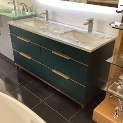 60” Bathroom Vanity Cabinet Solid Wood Fully Assembled Softclose Drawers Stone Top 2 Sinks Attached Ready For Pick Up Today