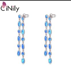 CiNily Blue Fire Opal Silver Plated Women Jewelry Dangle Earrings[EAR76]