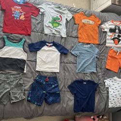 Toddler boy size 4T clothes summer. Pj top/ red shirt have piling, frog shirt decal is cracking, gray shorts have light stain, striped shirt is faded.