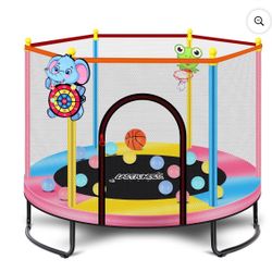 LASTJUMPER 60" Pink Trampolines for Kids, 5ft Mini Indoor & Outdoor Small Toddler Trampoline with Basketball Hoop, Dart Board, Ocean Ball ,Baby Trampo