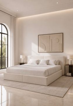 QUEEN SIZE Cloud  Platform Bed Frame with Pillow Headboard,light beige Noise-Free Stability G-67