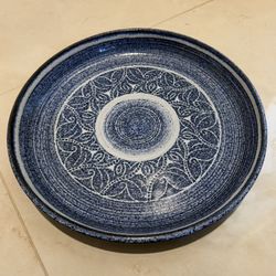 Blue Stoneware Dinner Plate with Floral Scroll Pattern