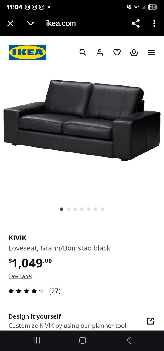 Black Leather. IKEA 2 Seater Sofa