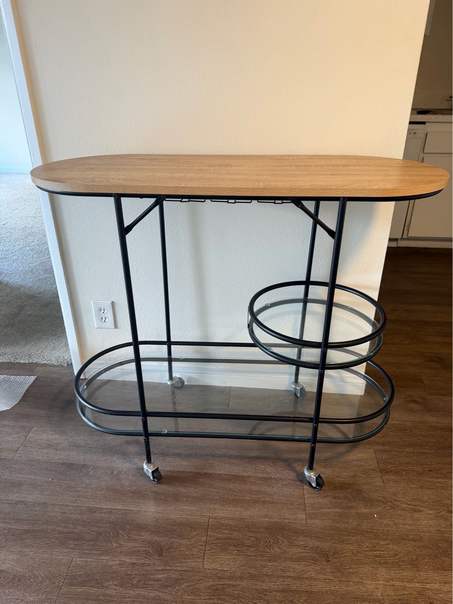 Modern Bar Cart / Console Table – Wood Top + Glass Shelves