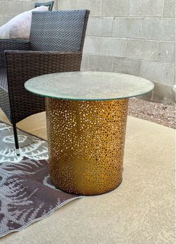 Gold/Bronze Metal Lattice Outdoor Side Table with Glass Top