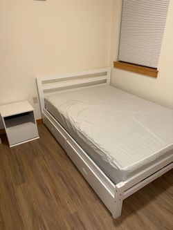 White Wood Bed Frame with Storage Drawers Full Size + Mattress