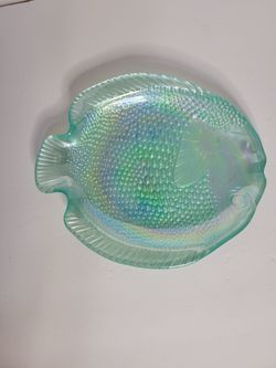 Vintage 1970s / 1980s Mid Century Coastal Iridescent Teal Glass Fish Plate Candy Dish