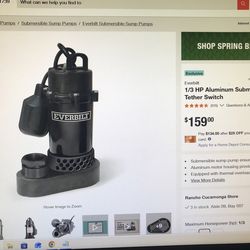 Everbilt 1/3 HP Aluminum Submersible Sump Pump Tether Switch