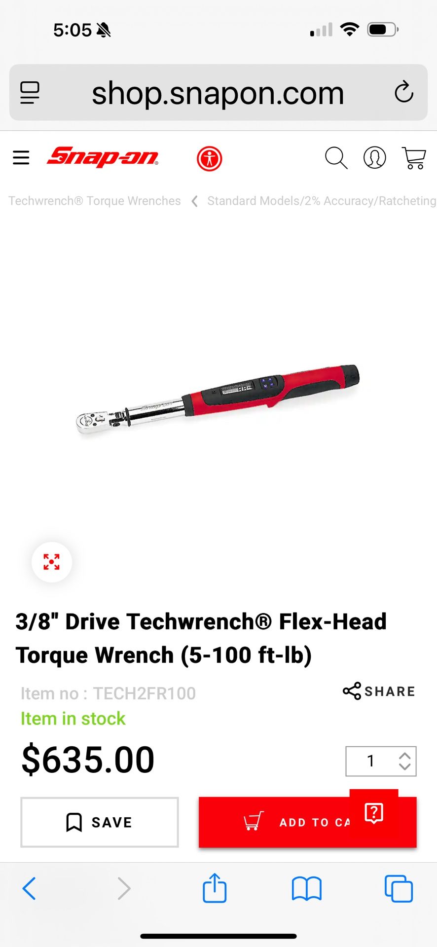 Snap on digital torque wrench model number TECH2FR100