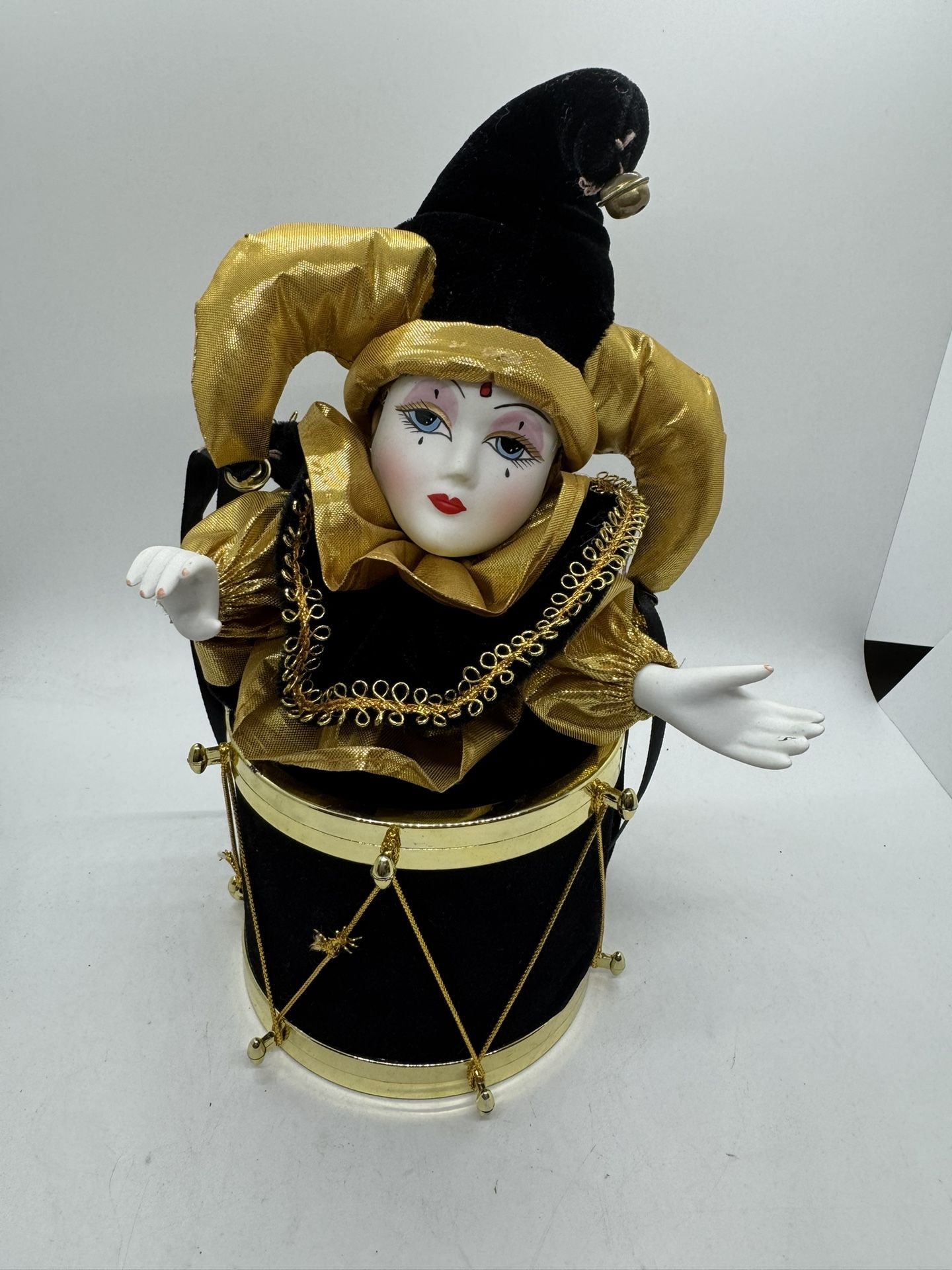 Vintage Porcelain Animated Jester Clown in Drum Wind up Music Box PLAYS.