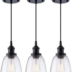 NEW Pack of 3 Industrial Mini Pendant Light Fixture Clear Glass Kitchen Island Dining Room Sink Black Modern Adjustable Cord
