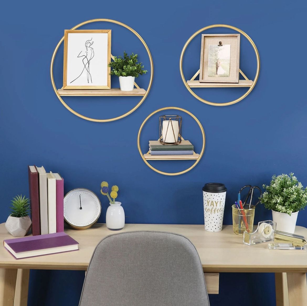 Set of 3 Gold Metal Round Wall Shelf OBO