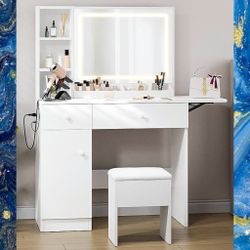 White 53" Vanity Makeup Desk With LED Mirror, Charging Station And Vanity Stool. New, in box.