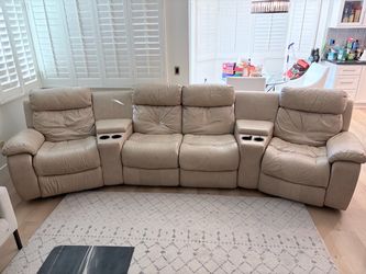 4-Seat Faux-Leather Home Theater Recliner Sectional β Curved, Storage Consoles & Cup Holders