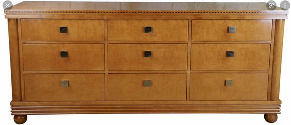 Hickory White Genesis Biedermeier Inlaid Satinwood 9 Drawer Triple Dresser 74"