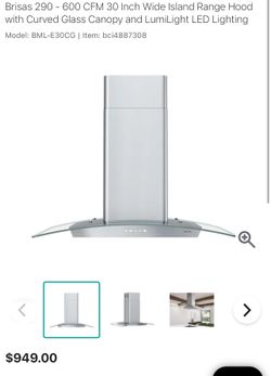 30 Inch Wide Island Range Hood with Curved Glass Canopy 