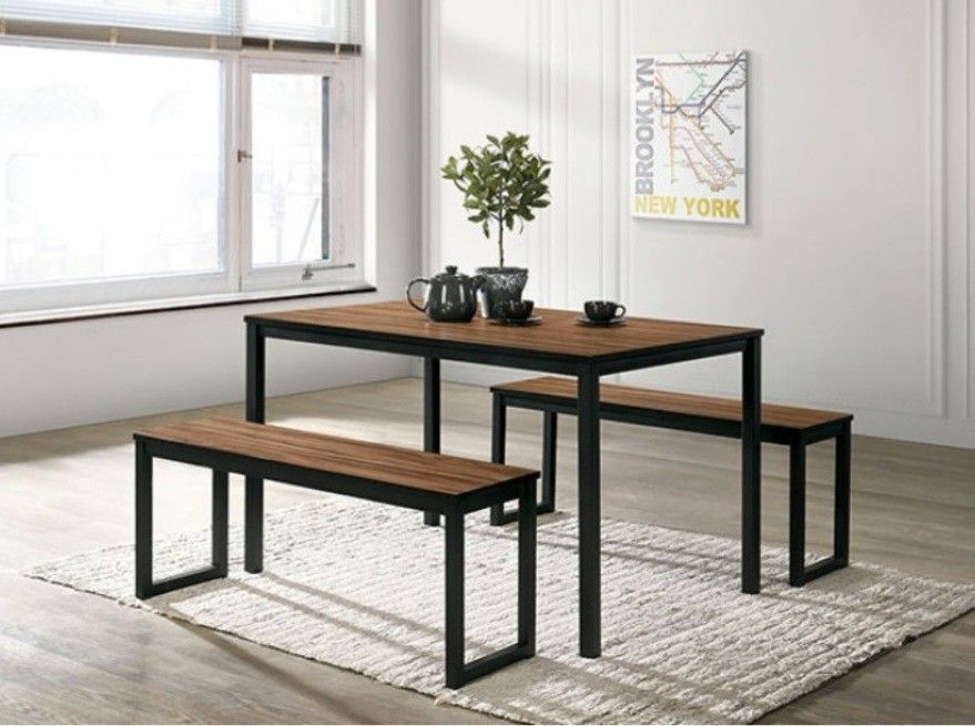 Brand New Industrial Walnut/Black Metal 3pc Dining Table Set