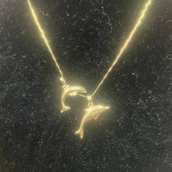 Vintage 14k Double Dolphin Charm Necklace 