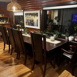 Rustic Solid Wood Dining Table with 6 Leather Chairs – 8.5ft Long