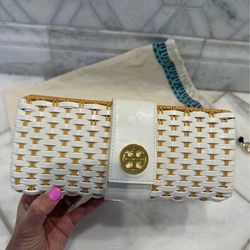 Tory Burch White Rattan Woven Clutch Purse