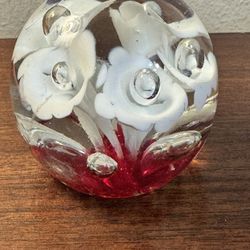 Vintage Red White 5 Flower Art Glass Paper Weight 