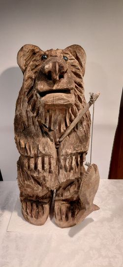Vintage Wooden Baer Angler With Fish