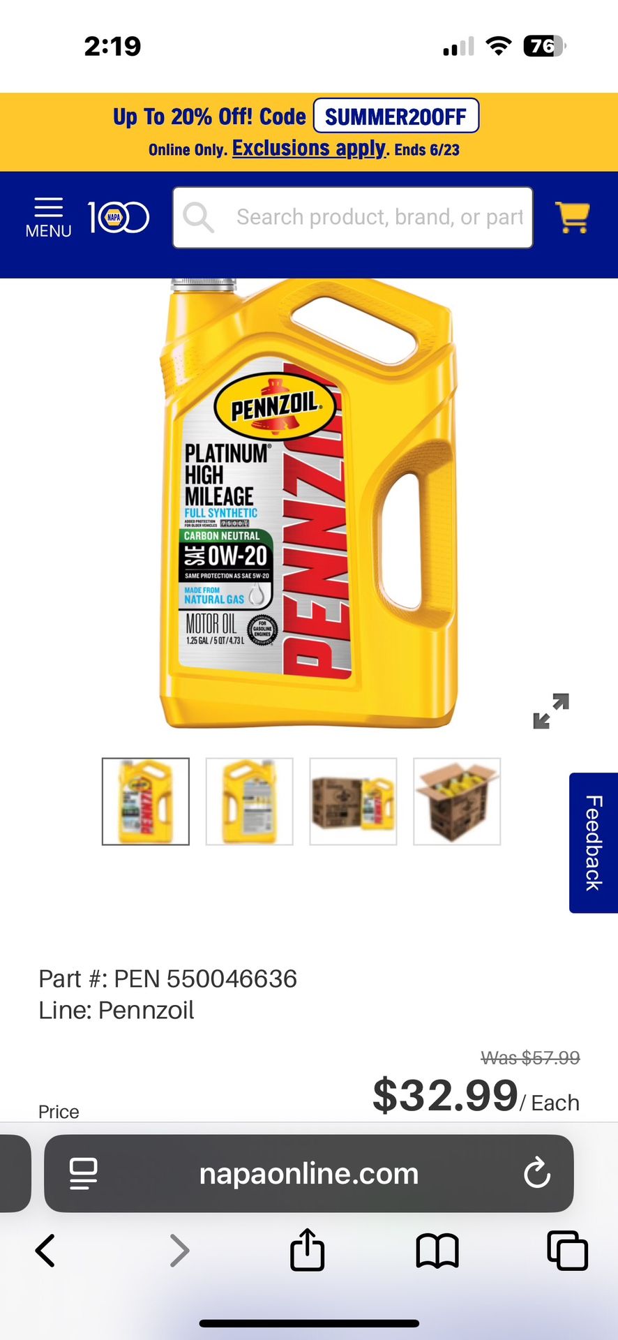 Pennzoil 0W 20 Full Synthetic Motor Oil