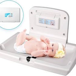 Wall-Mounted Baby Changing Station, Horizontal Fold-Down Diaper Change Table with Safety Straps Paper Liner Dispenser for 16” Stud Wall Commercial Bat
