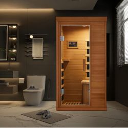 1 Person Infrared Sauna, Hemlock Wooden Indoor Dry Saunas，Full Spectrum Mini Sauna with 4 Heater