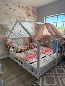 White Wood House Frame Kids Floor Bed