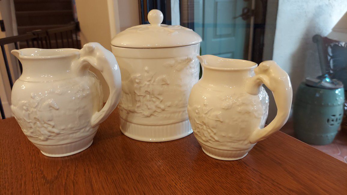 Wedgewood  Biscuit Jar and 2 Pitchers