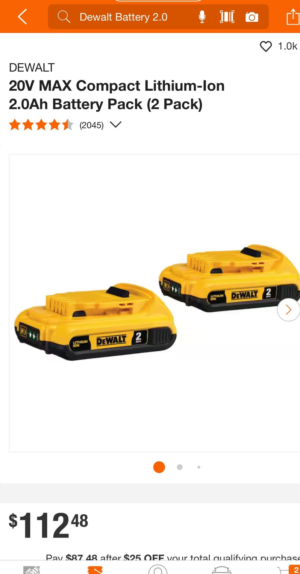 Dewalt 20V 2 Batteries 2.0Ah + FREE CHARGER