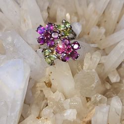 Garnet And Peridot 14kwhite Gold Over Solid Sterling Silver Size 7