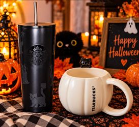 Starbucks Halloween 2026 Set 🎃 Black Cat Tumbler + Pumpkin Mug