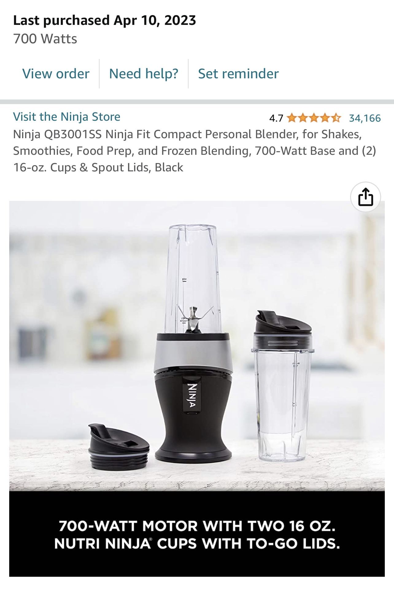 Ninja QB3001SS Ninja Fit Compact Personal Blender, for Shakes, Smoothies,  Food Prep, and Frozen Blending, 700-Watt Base and (2) 16-oz. Cups & Spout  Lids, Black in 2023