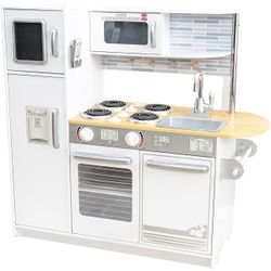 KidKraft Uptown White Wooden Play Kitchen with Play Phone, Chalkboard & Towel Rack