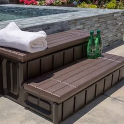 Universal 2 Slip-Resistant Spa & Hot Tub Step Outdoor Indoor Compartment Spa Step with Storage, Brown/Black